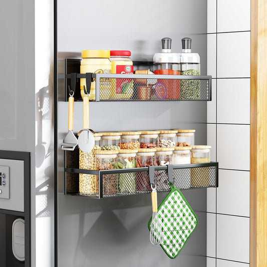 Magnetic Spice Rack Set - 2 Pack Refrigerator Organizer with Moveable Hooks for Kitchen Storage